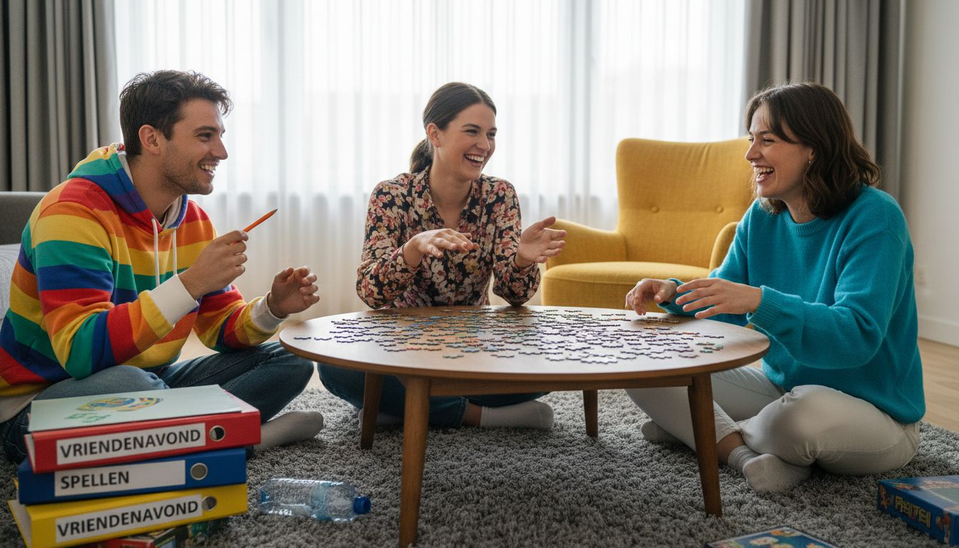 Een groep gaat in gesprek over samenwerken tijdens het oplossen van een puzzel.