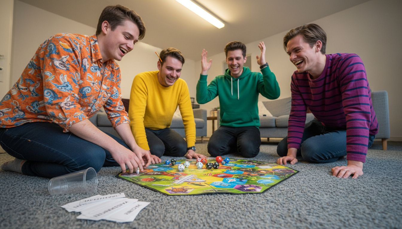 Een groep collega's zit samen op de grond en doet fanatiek mee aan een interactief spel.