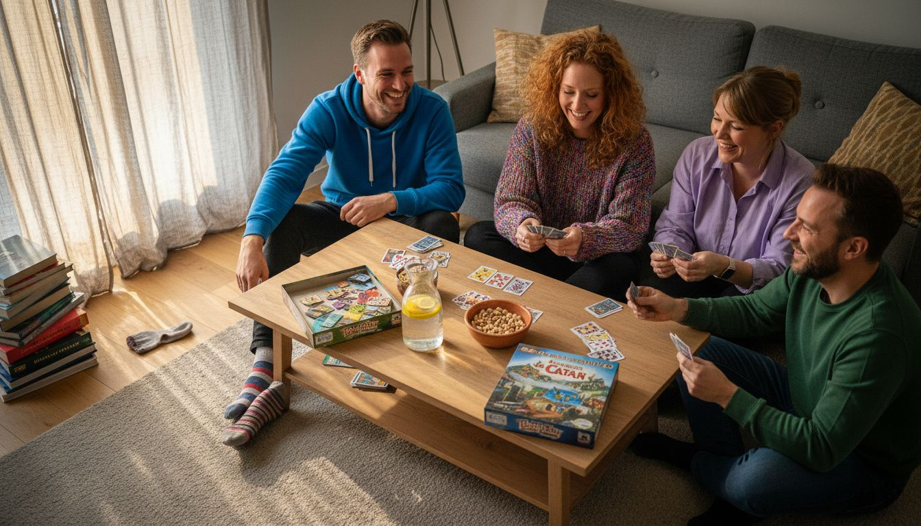 Een groep vrienden zit gezellig rond de salontafel te kaarten.