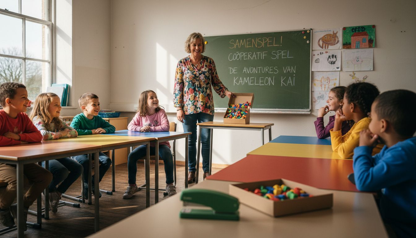 De docent introduceert op een leuke en eenvoudige manier een spel aan de groep.