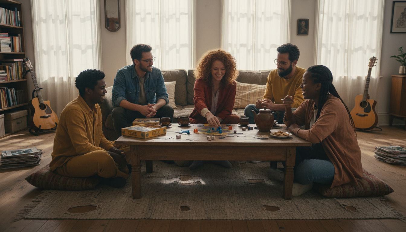 Een groep vrienden zit gezellig aan de eettafel in de woonkamer een bordspel te spelen.