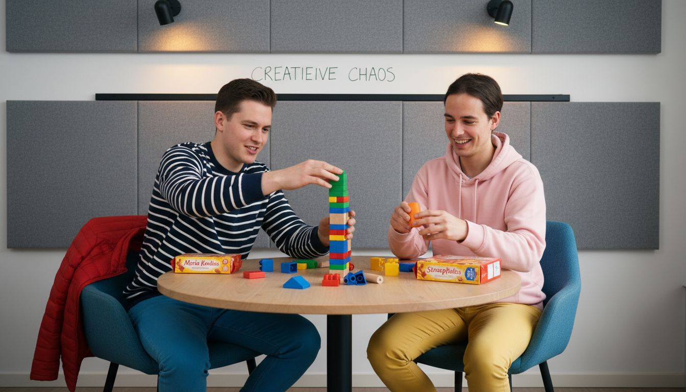 Op kantoor bouwen collega’s samen aan een creatief spel.