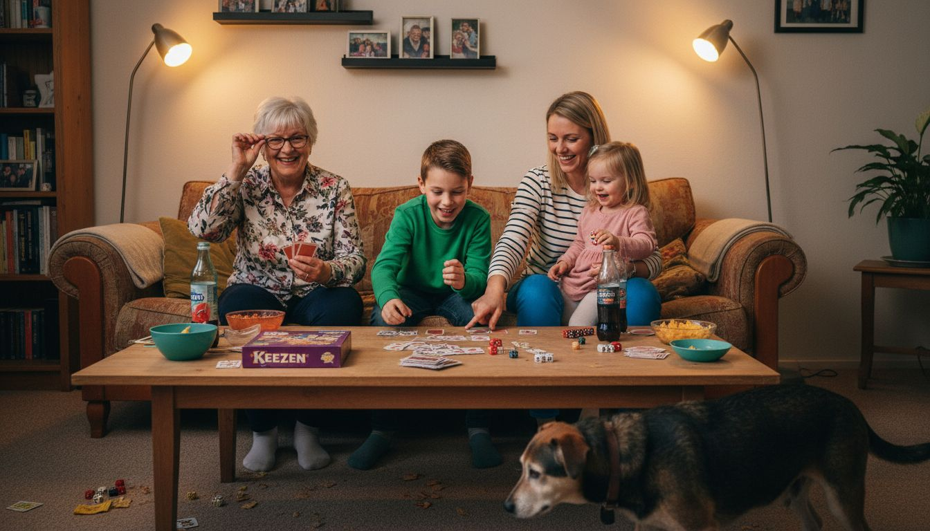 Gezelligheid ten top: drie generaties samen aan het spelen en lachen.
