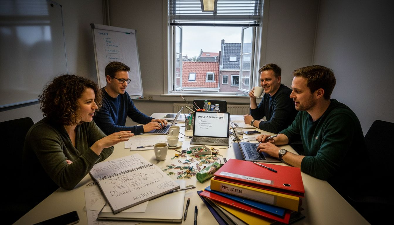 Het team zit samen aan tafel om ideeën uit te wisselen.