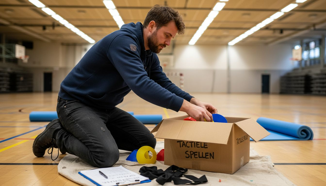 Spelbegeleider ruimt het interactieve speelmateriaal op