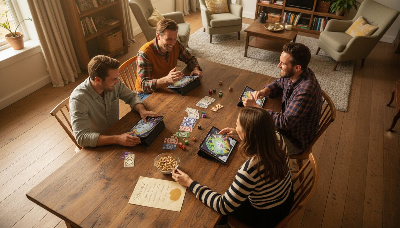Een groep volwassenen verzamelt zich rond de tafel om een spel te spelen.