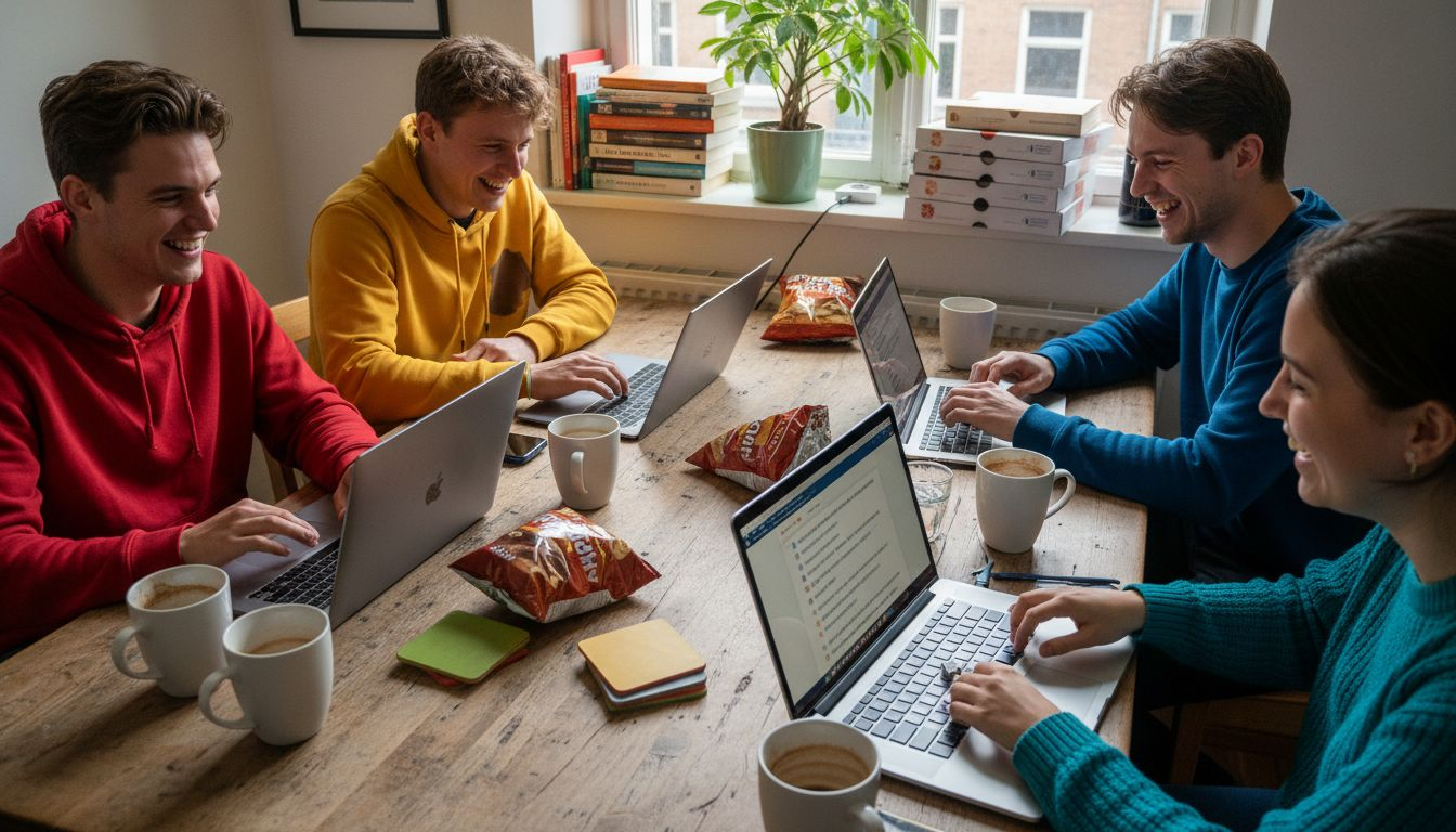 Met z’n allen rond de tafel spelen vrienden een online quiz.