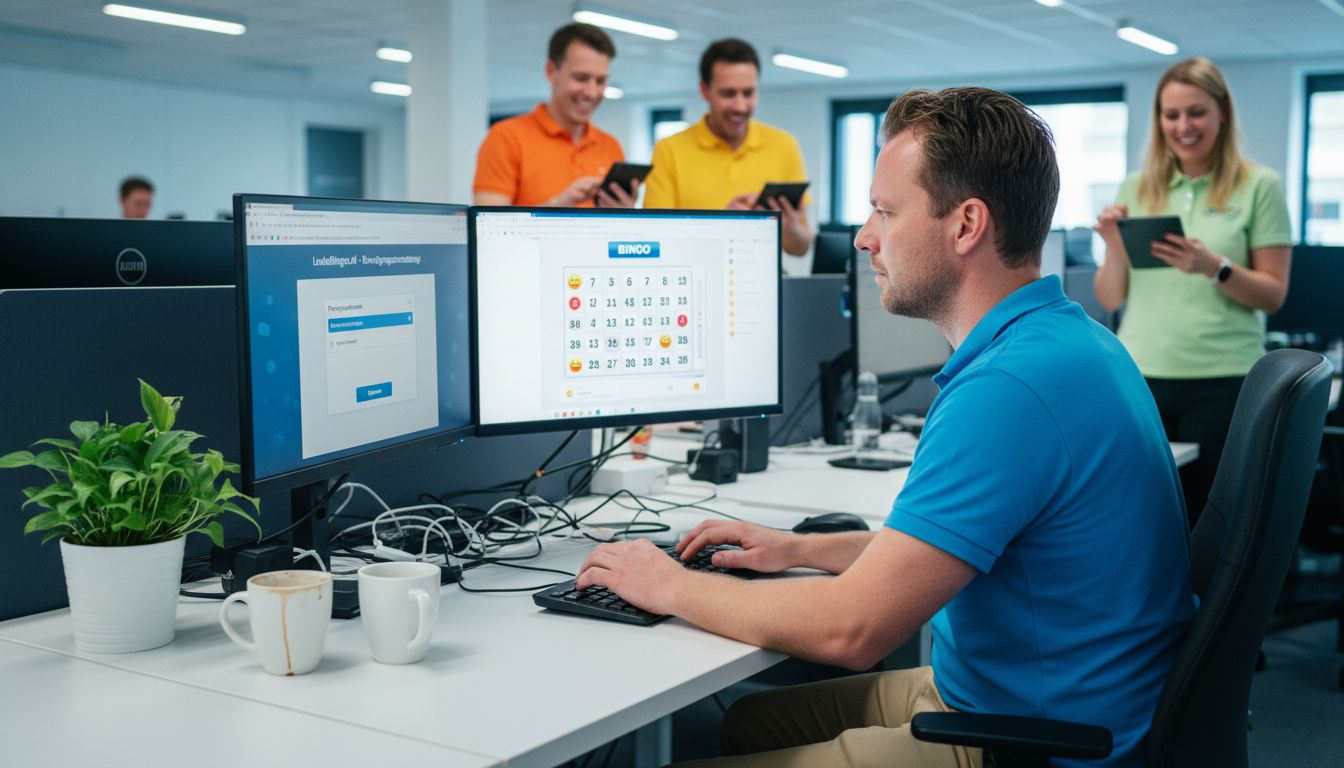 Een IT-expert kijkt de beveiliging van het bingospel na.