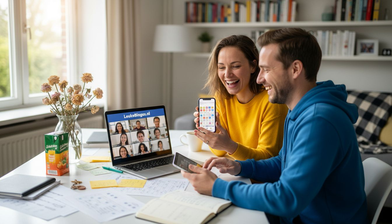 Een gezin houdt een gezellige online bingoavond in de woonkamer.