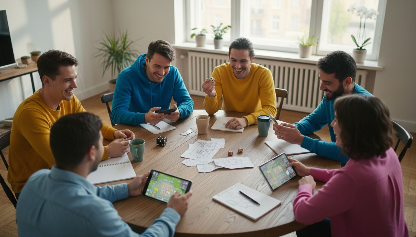 Een groep volwassenen zit samen rond de tafel en speelt een gezelschapsspel.