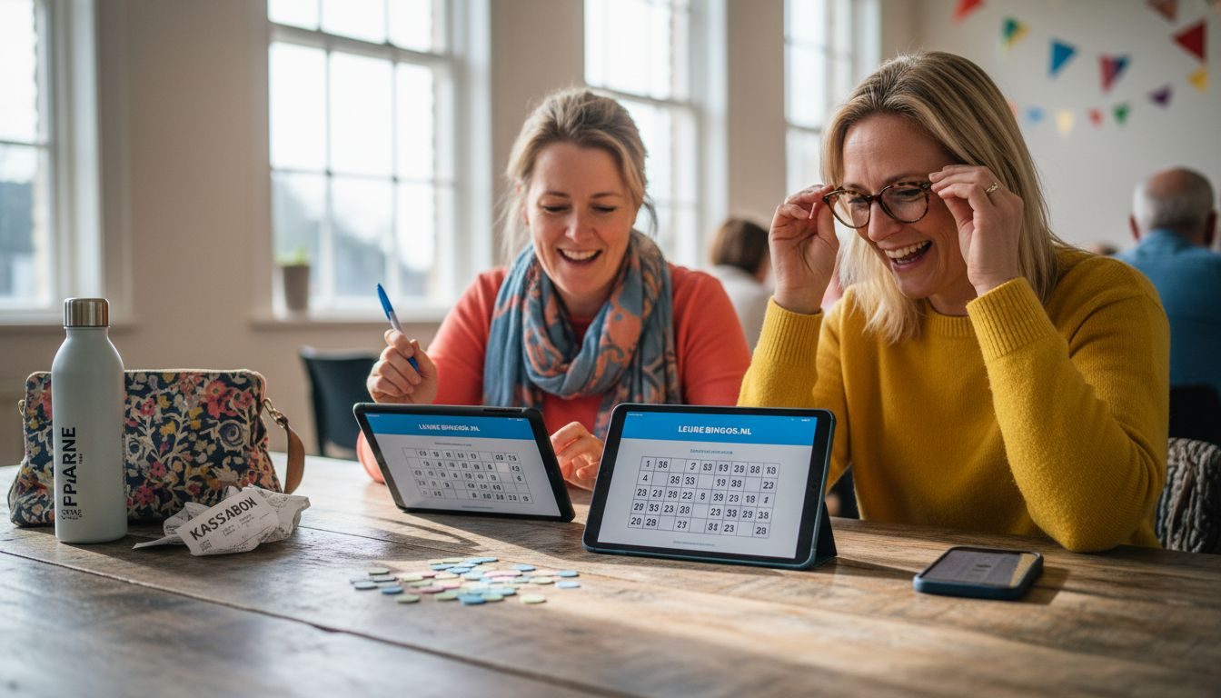 Een groep vrouwen zit gezellig aan tafel terwijl ze de bingokaarten klaarmaken voor een leuke avond.