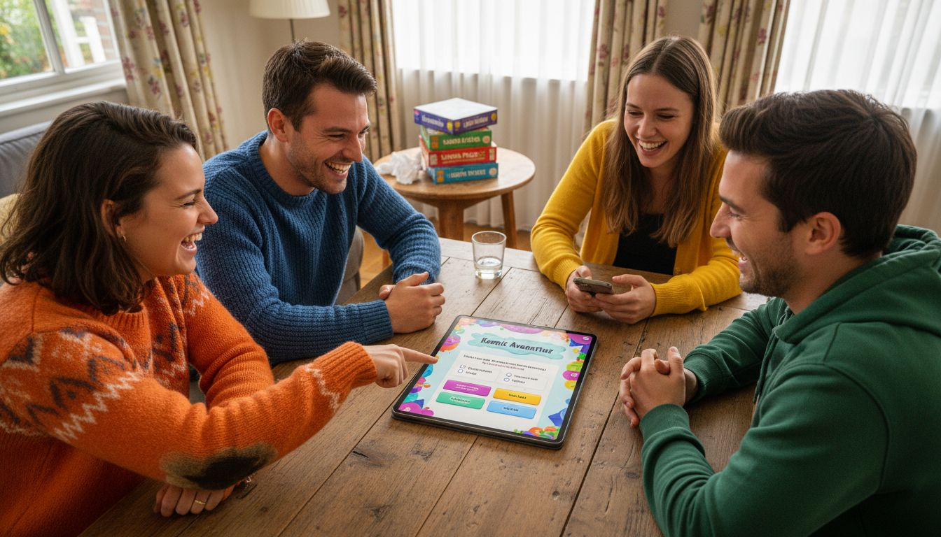 Een groep volwassenen zit gezellig rondom een bordspel in een zonnige woonkamer.