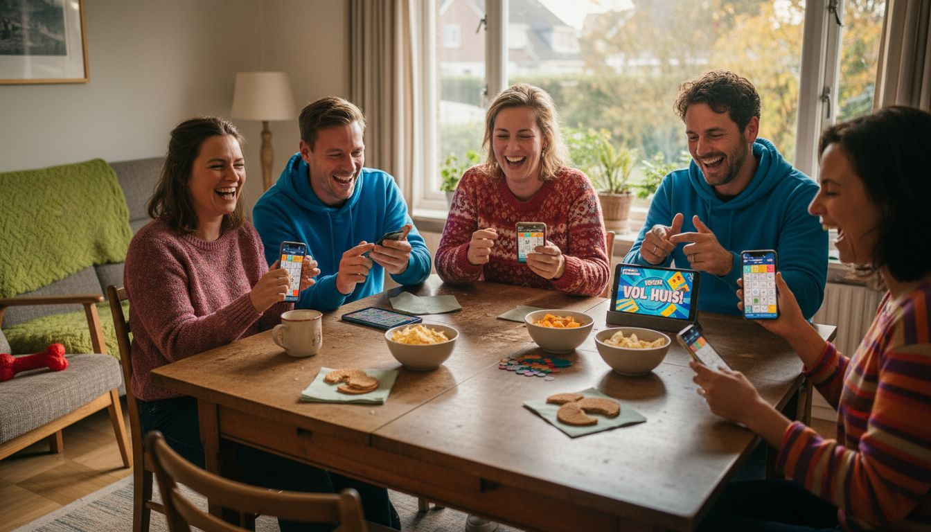 Een groep vrienden schiet in de lach terwijl ze samen bingo spelen.