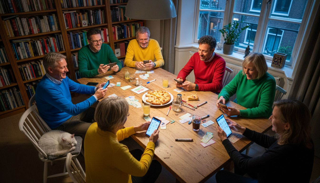 Een groep volwassenen zit gezellig in de huiskamer bingo te spelen.
