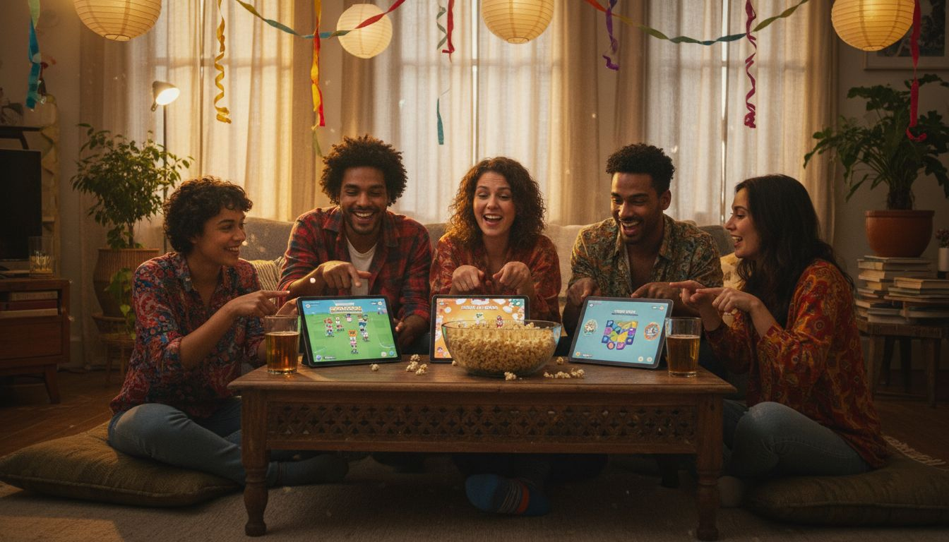 Terwijl ze een spel spelen in groepsverband, barsten de volwassenen regelmatig uit in lachen.