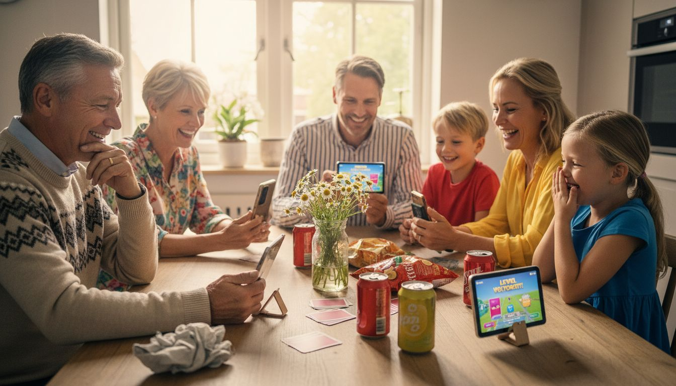 Gezinnen zitten gezellig samen aan tafel om een spelletje te doen.
