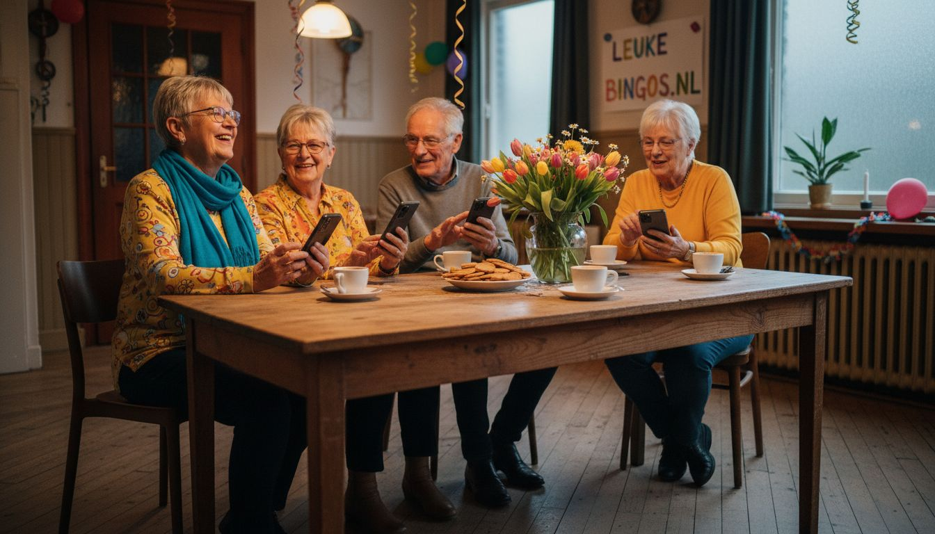 In het wijkcentrum zitten ouderen gezellig samen bingo te spelen.