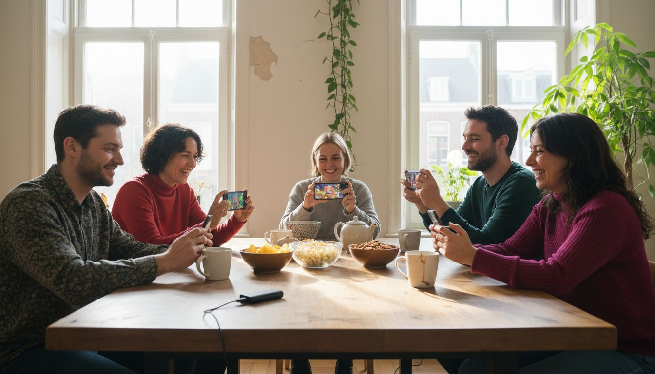 Een groep vrienden zit gezellig rond de tafel en speelt samen een digitaal spel.