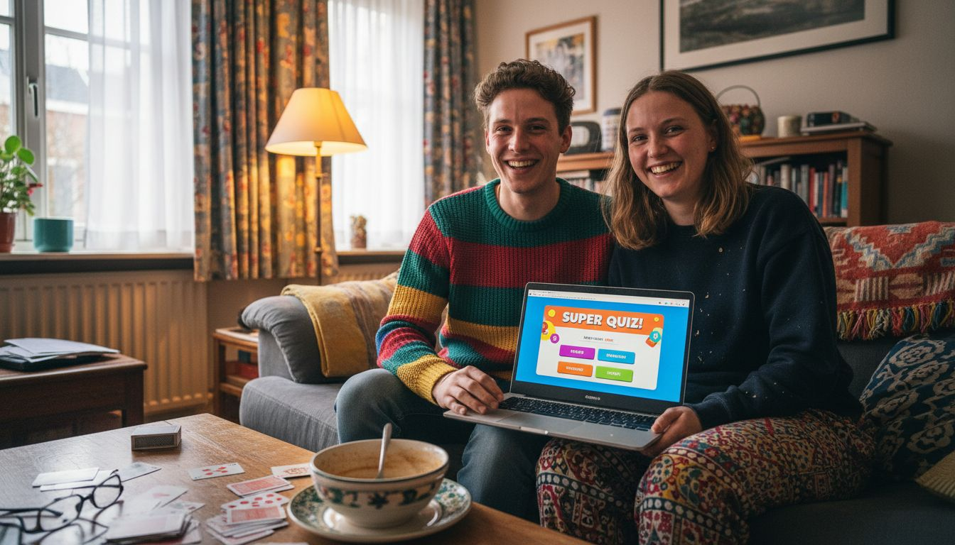 In de woonkamer doen jongeren fanatiek mee aan een digitale quiz.