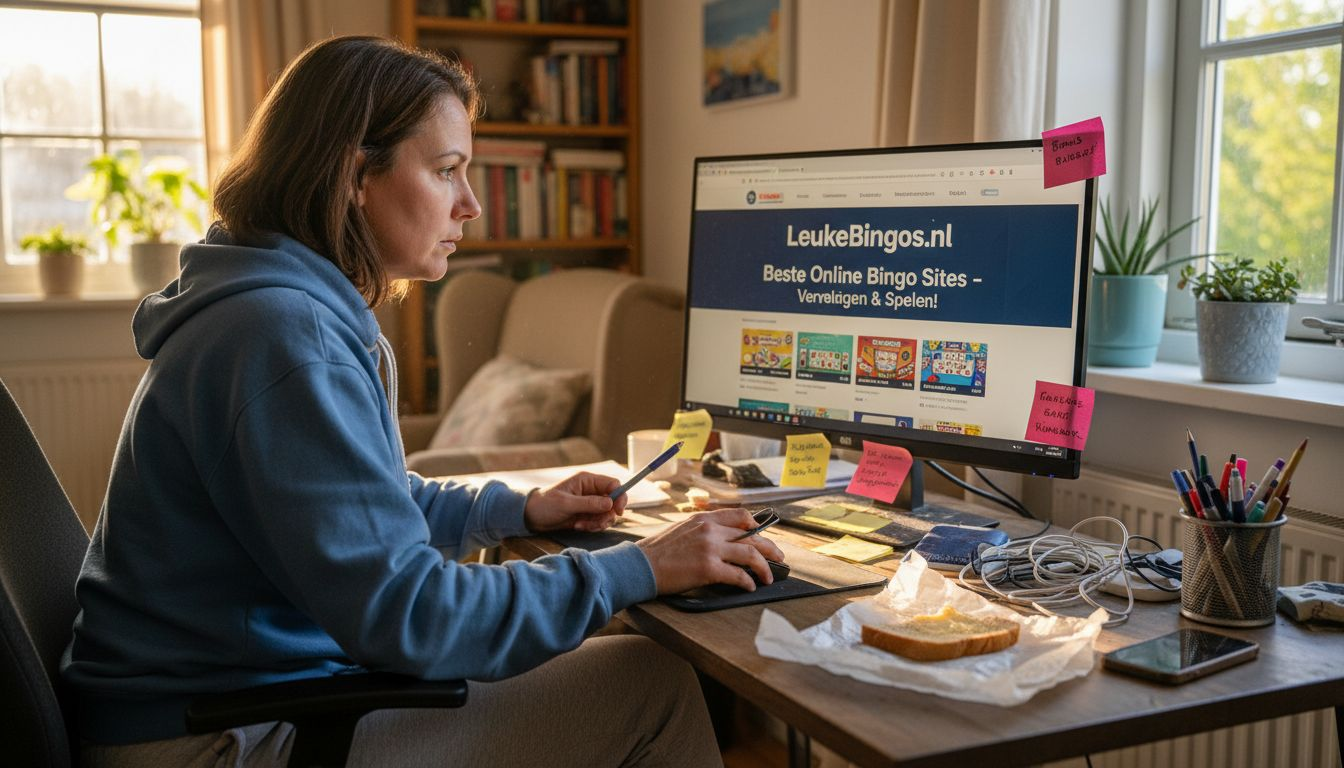 Een vrouw die verschillende online bingowebsites bekijkt en vergelijkt.
