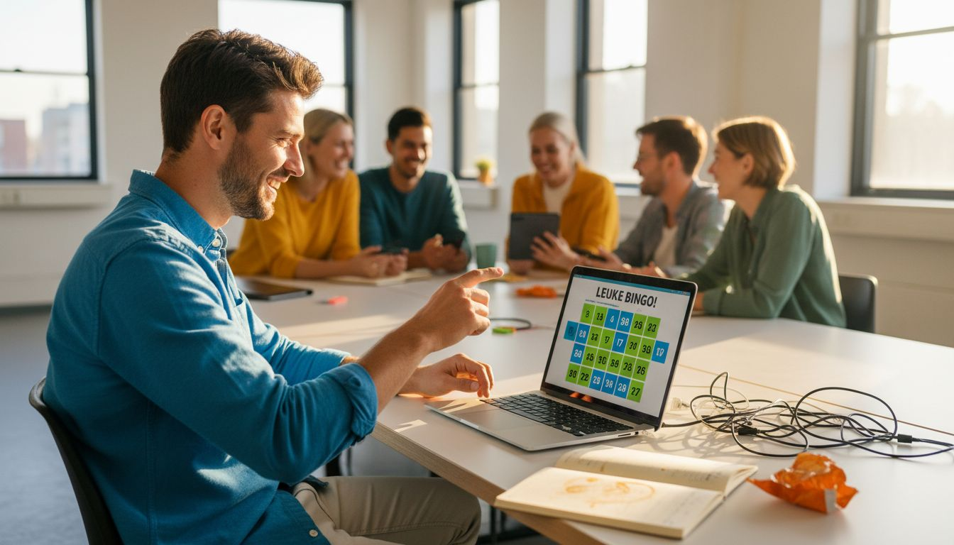 Een medewerker doet mee aan een online bingospel op zijn laptop.