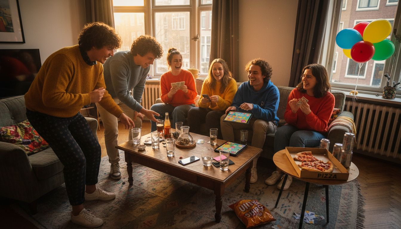 Een groep vrienden doet een gezellig spelletje in de knusse huiskamer.