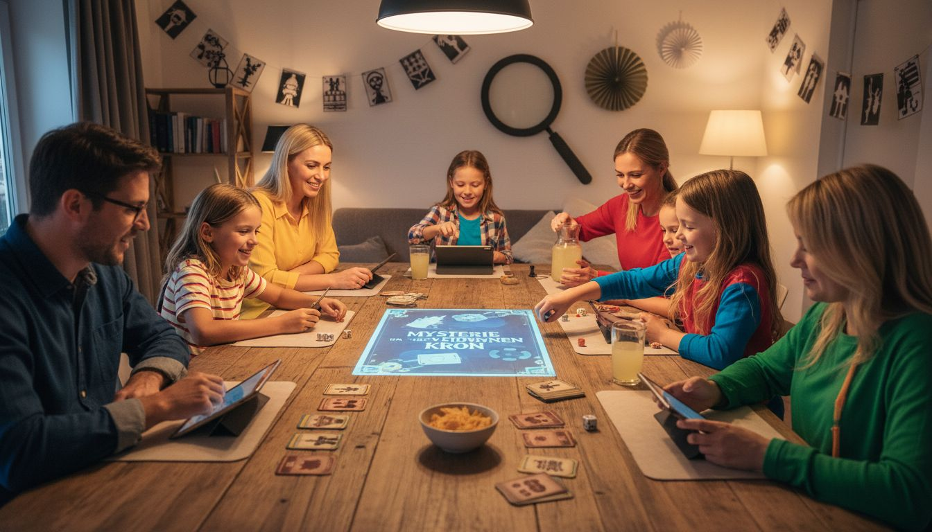 Het hele gezin is gezellig rond de eettafel bezig met een thematisch spel.
