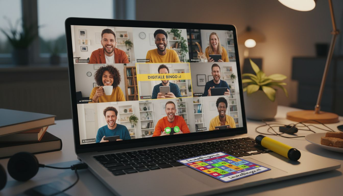 Een team dat via een videogesprek samen online bingo speelt.
