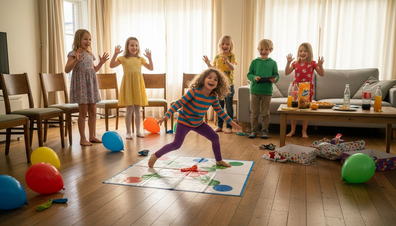 In de woonkamer zijn de kinderen druk bezig met allerlei leuke spelletjes voor het feest.