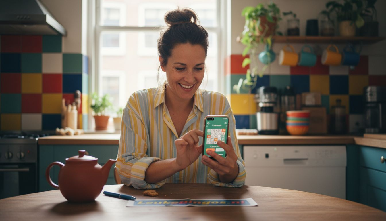 Een vrouw is op haar telefoon bezig met een potje online bingo.