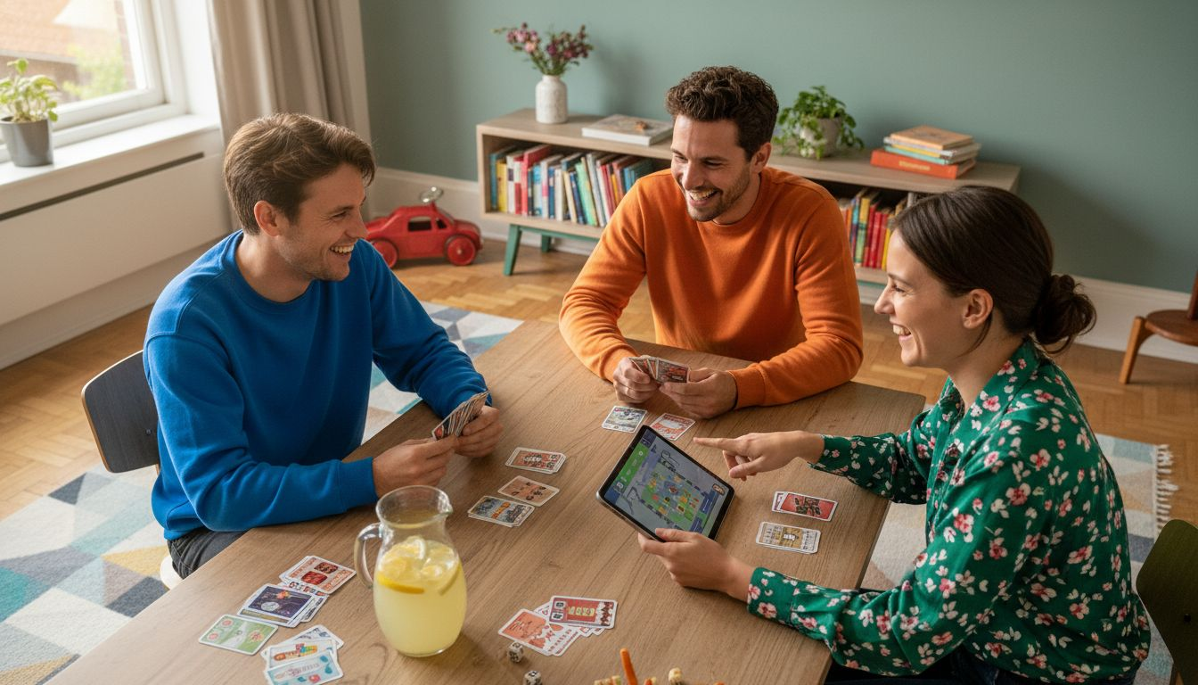 Een groep volwassenen zit gezellig samen een bordspel te spelen.