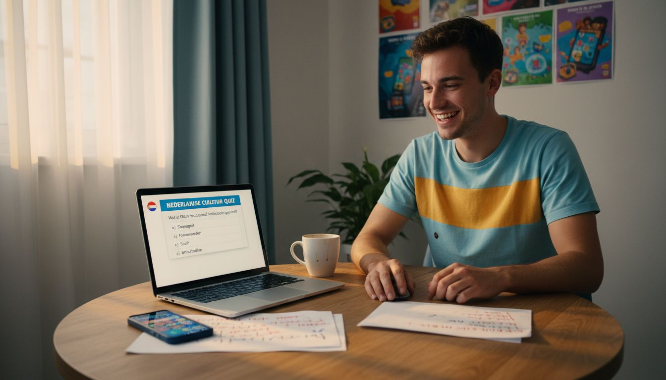 Man maakt online quiz aan de keukentafel