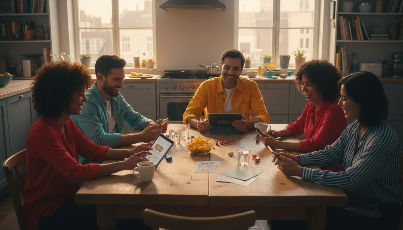 Een groep vrienden heeft de grootste lol aan de bingotafel.