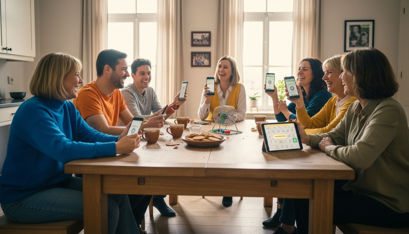 Groep mensen speelt bingo aan keukentafel