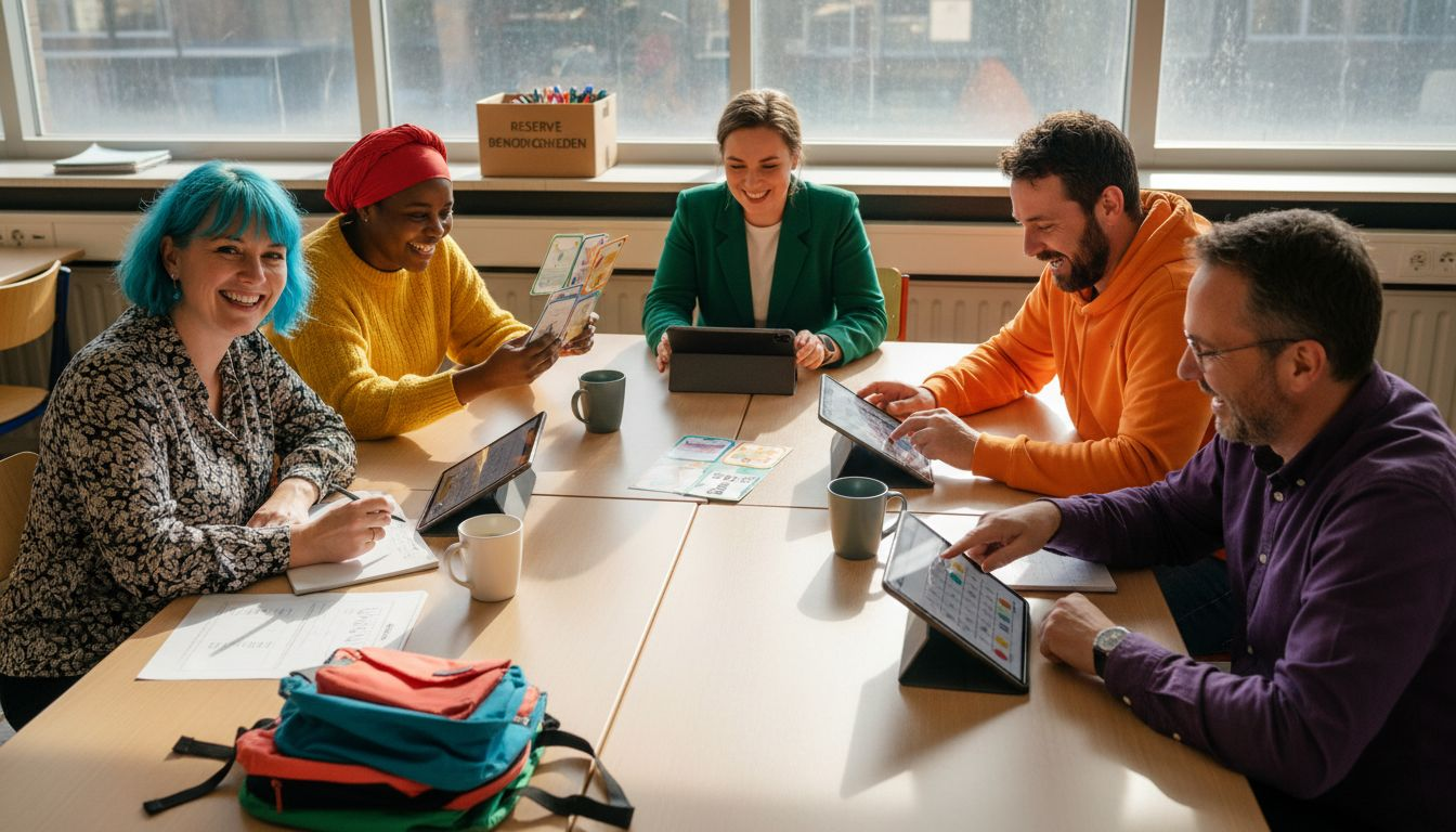 Een groep leerlingen is in het klaslokaal fanatiek bezig met leerzame spelletjes.