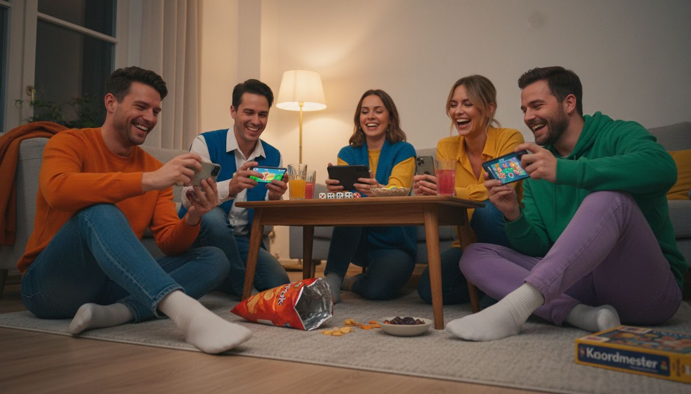 Een groep volwassenen doet een gezelschapsspel in de huiskamer.