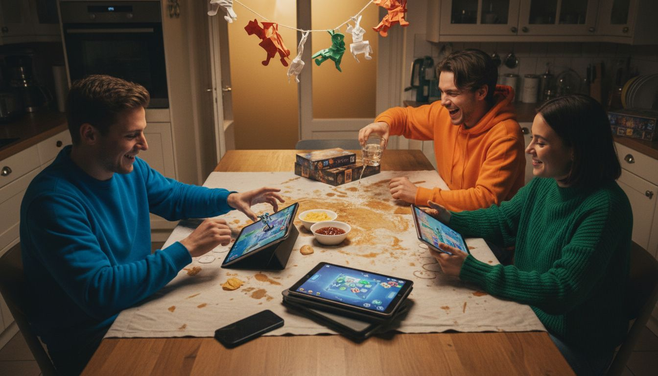 Een groep vrienden schatert het uit terwijl ze samen een bordspel spelen aan de eettafel.