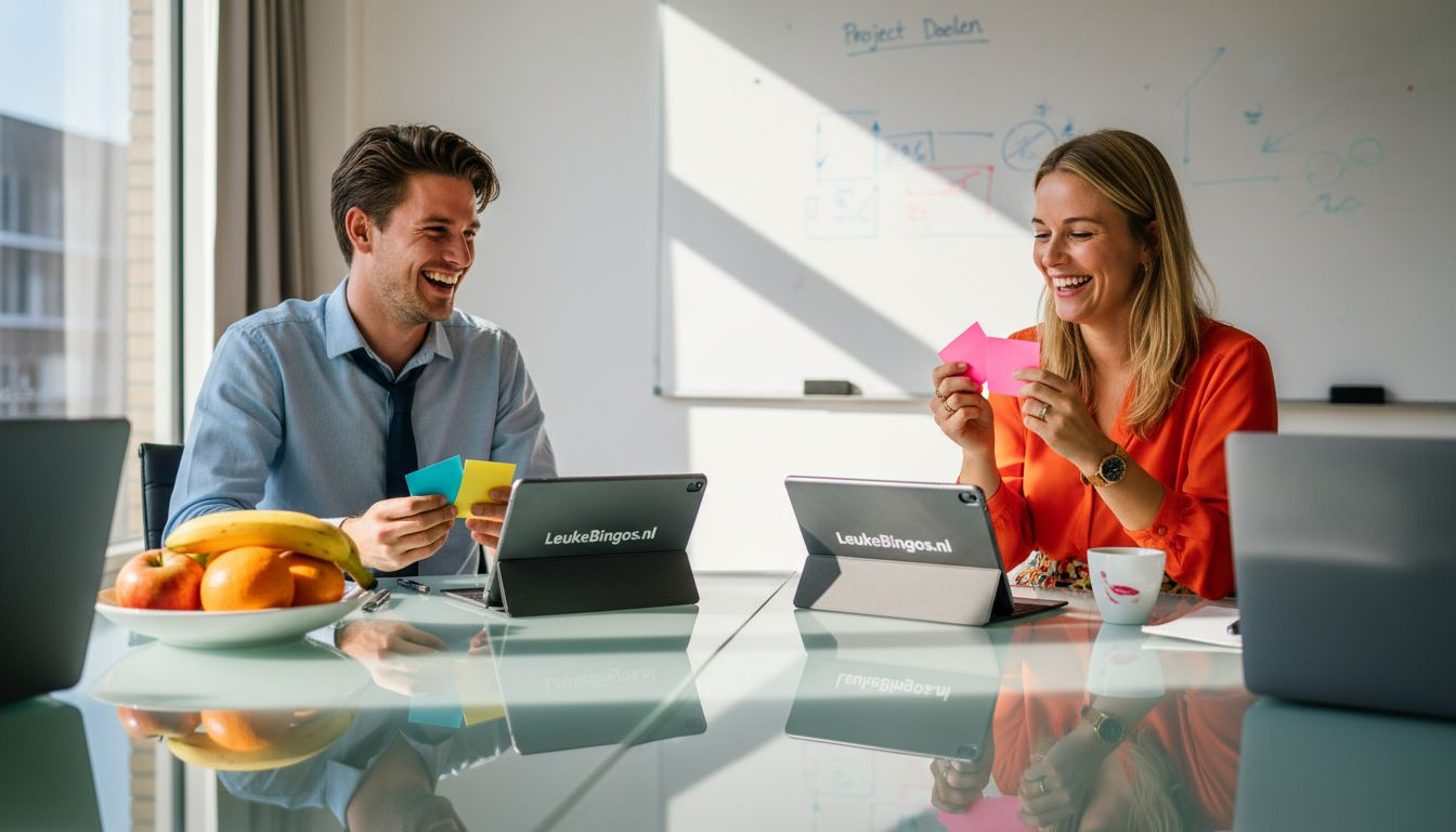 De teamleden kiezen wie welke taak op zich neemt tijdens het bedrijfsbordspel.