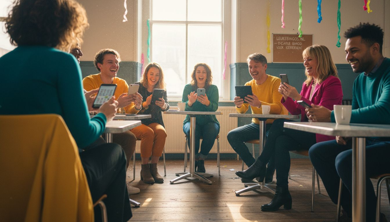 Een gezellige groep mensen zit samen aan tafel en speelt een potje ouderwetse bingo.