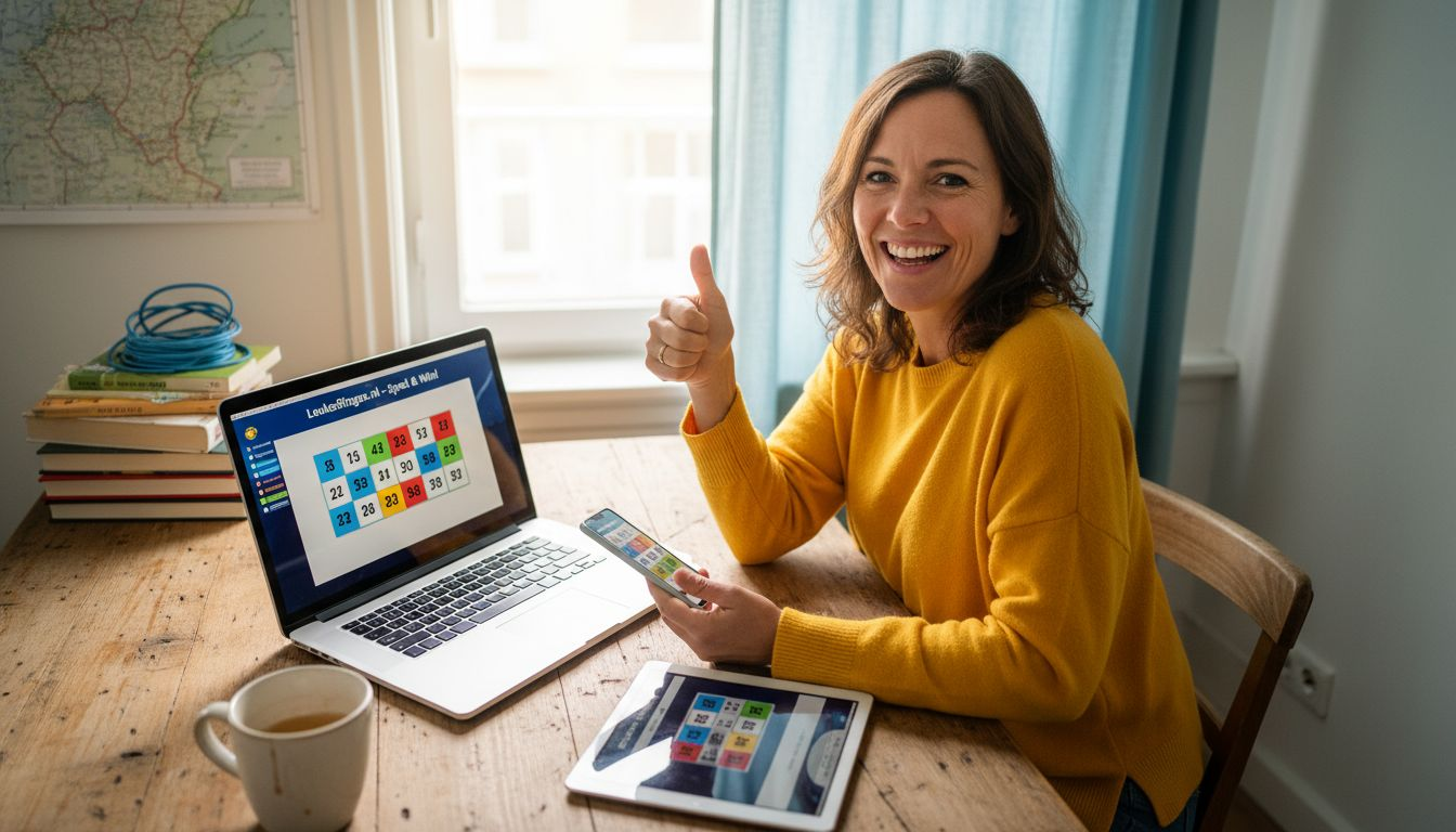 Een vrouw doet mee aan een online bingospel op haar laptop.