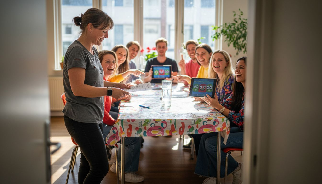 De spelleider deelt de scorekaarten uit voor het groepsspel.
