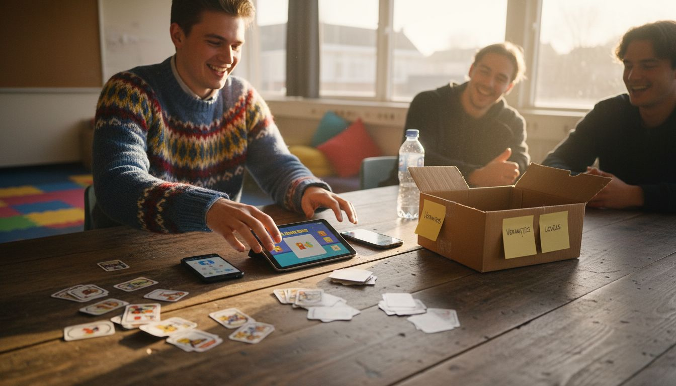 Een jonge man maakt de materialen klaar voor een spel dat hij met een groep gaat spelen.