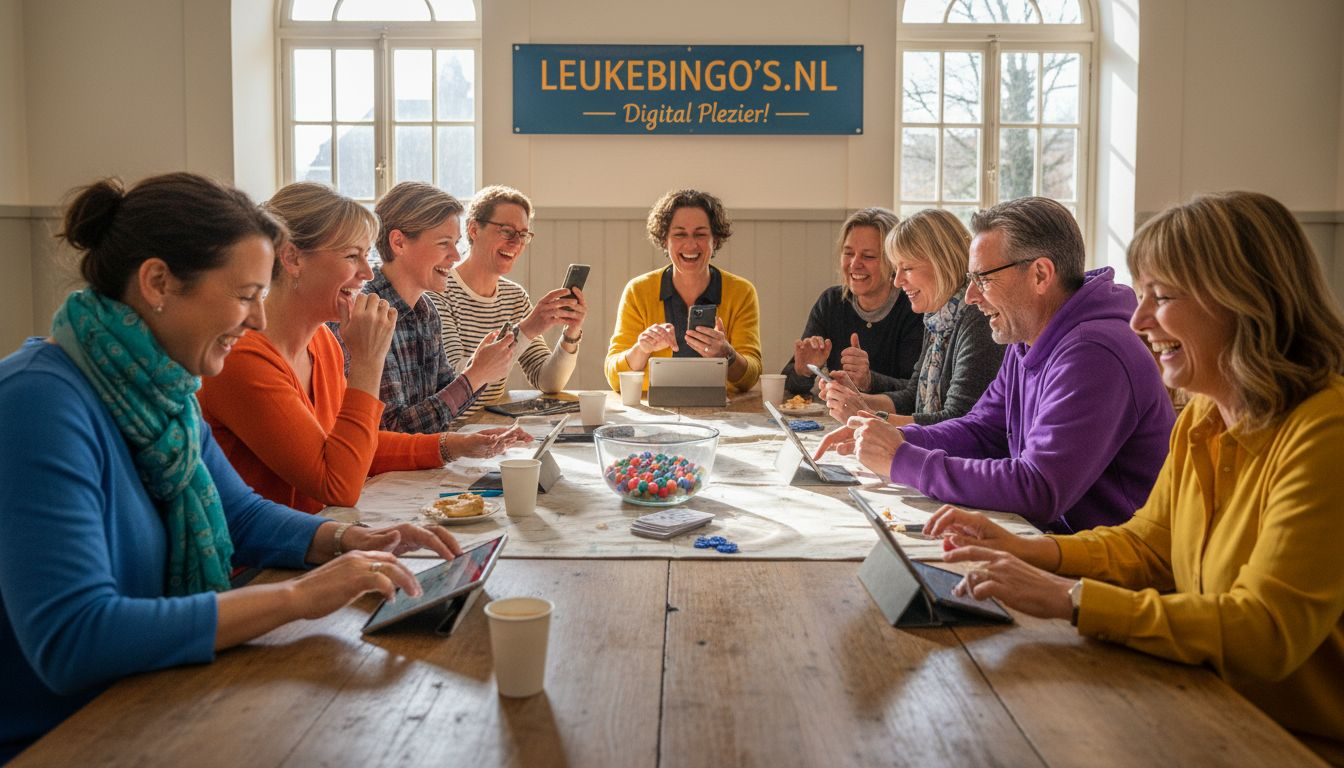 Een gezellige groep mensen is fanatiek bezig met een potje bingo.