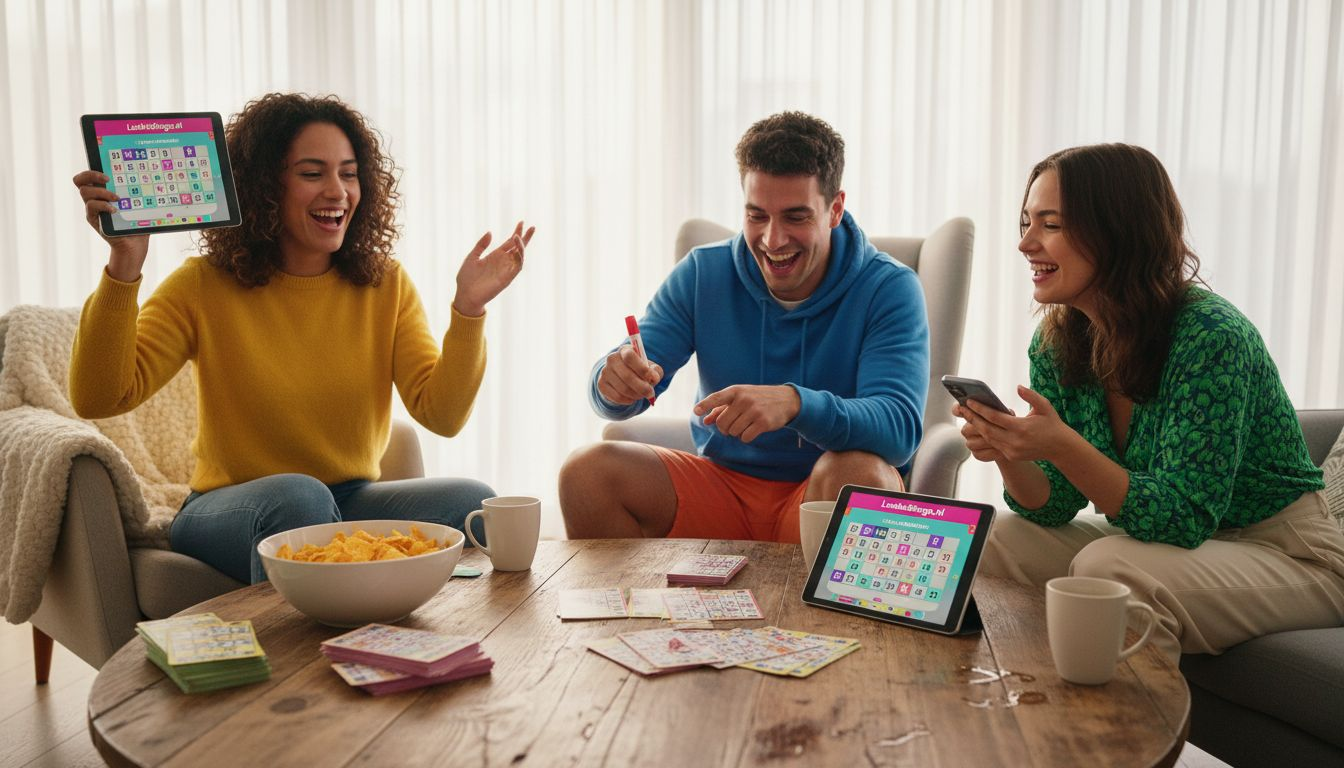 Een groep vrienden speelt samen online bingo in een zonnige woonkamer, terwijl ze genieten van elkaars gezelschap en een gezellige sfeer.
