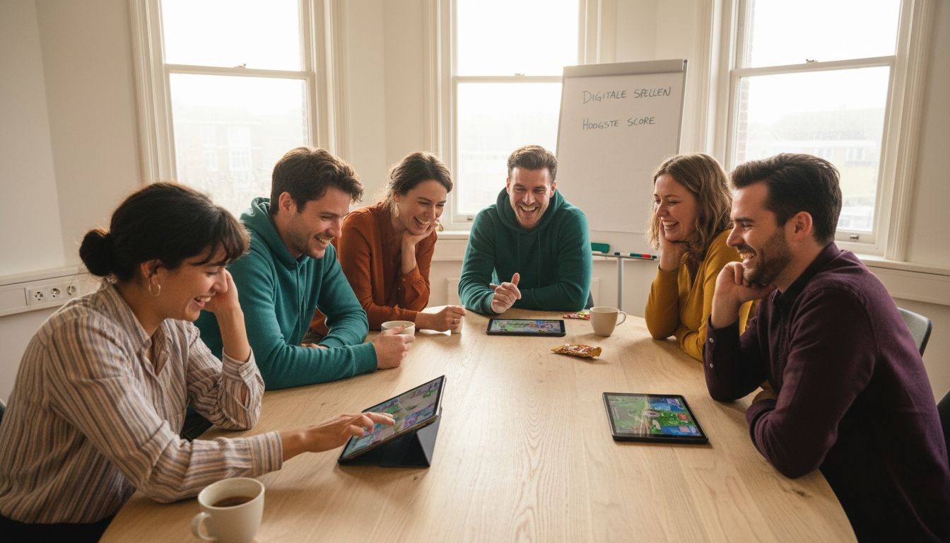Een team zit gezellig samen aan de kantoortafel een bordspel te spelen.