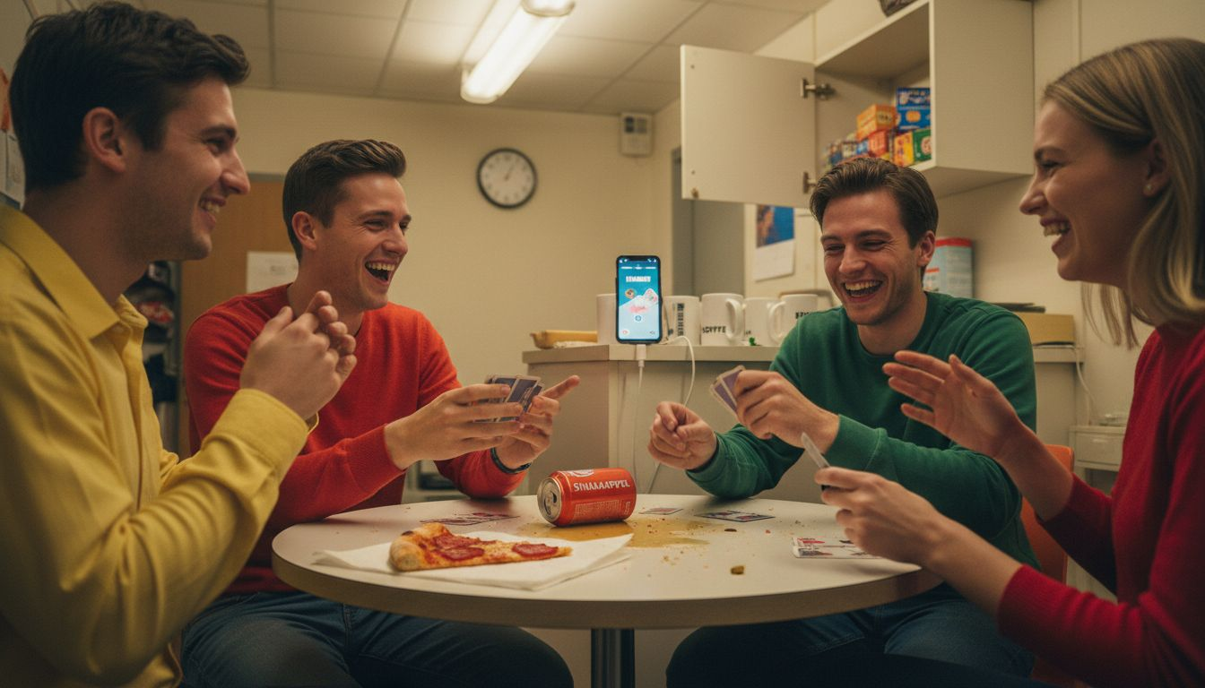 Collega’s schateren van het lachen terwijl ze een gezellig spelletje doen op kantoor.