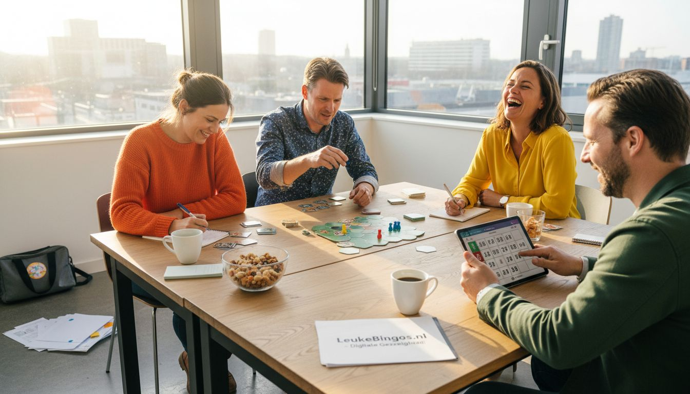 Een team dat samen een bordspel speelt als chestige teambuildingsactiviteit op kantoor.
