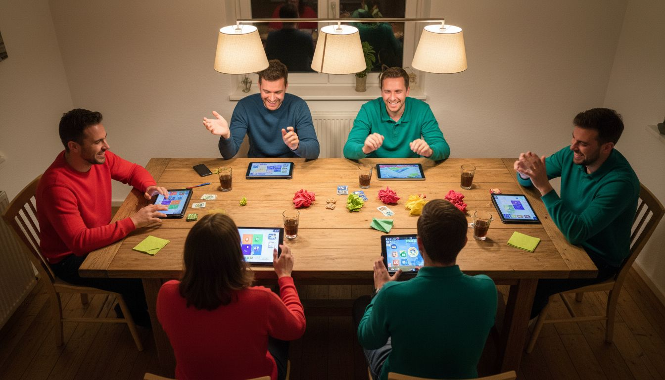 Met z’n allen gezellig rond de tafel een bordspel spelen.