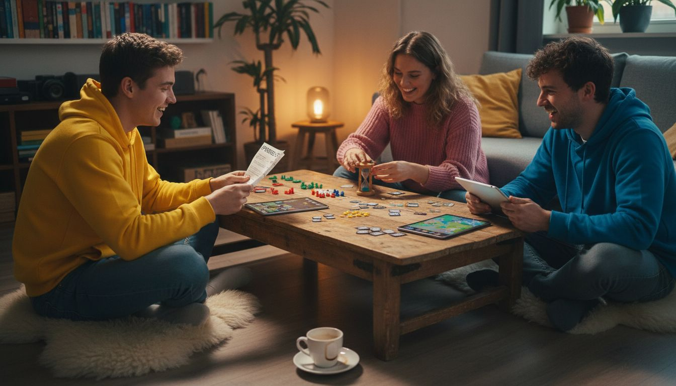 Een groep vrienden is druk bezig om het spel voor vanavond in elkaar te zetten.
