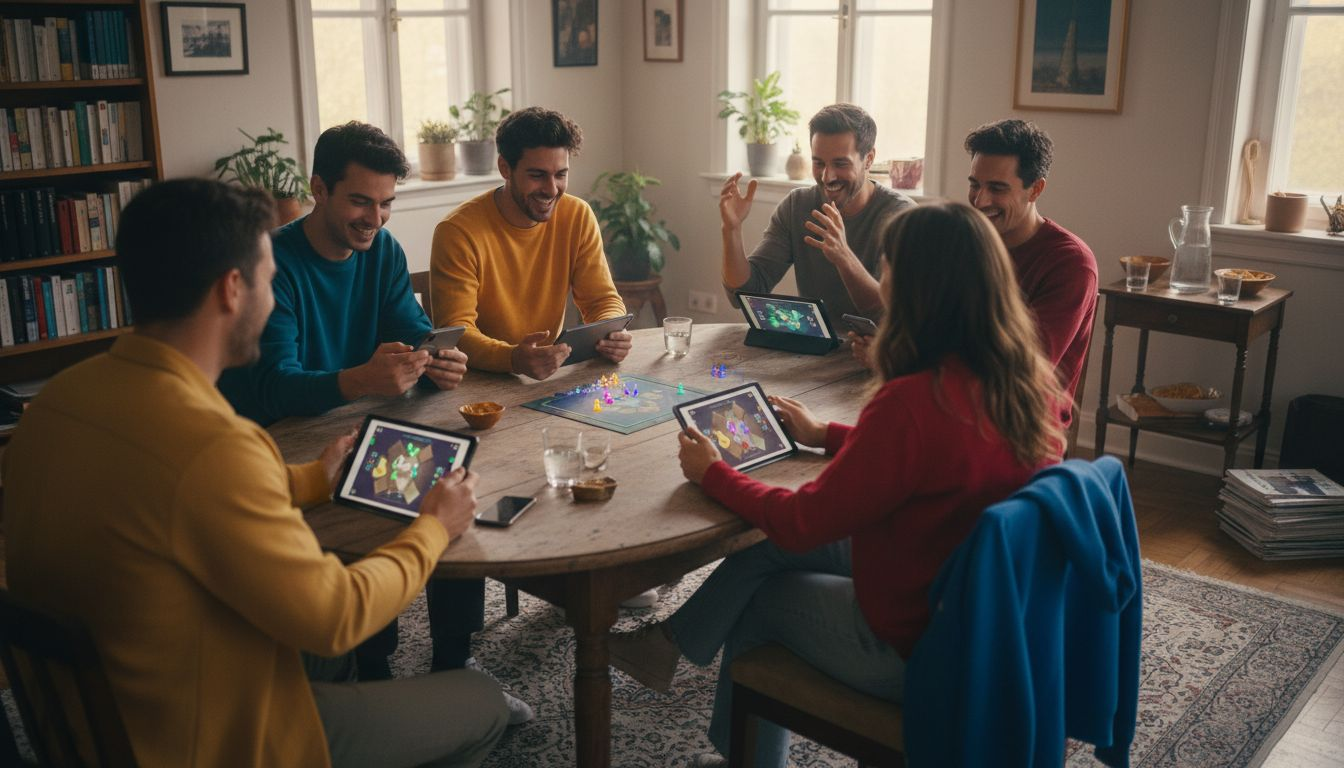 Een groep volwassenen is gezellig samen een spel aan het spelen.